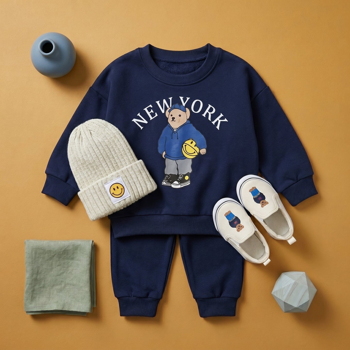 Baby Bear Print Cotton Hoodie and Pants Set
