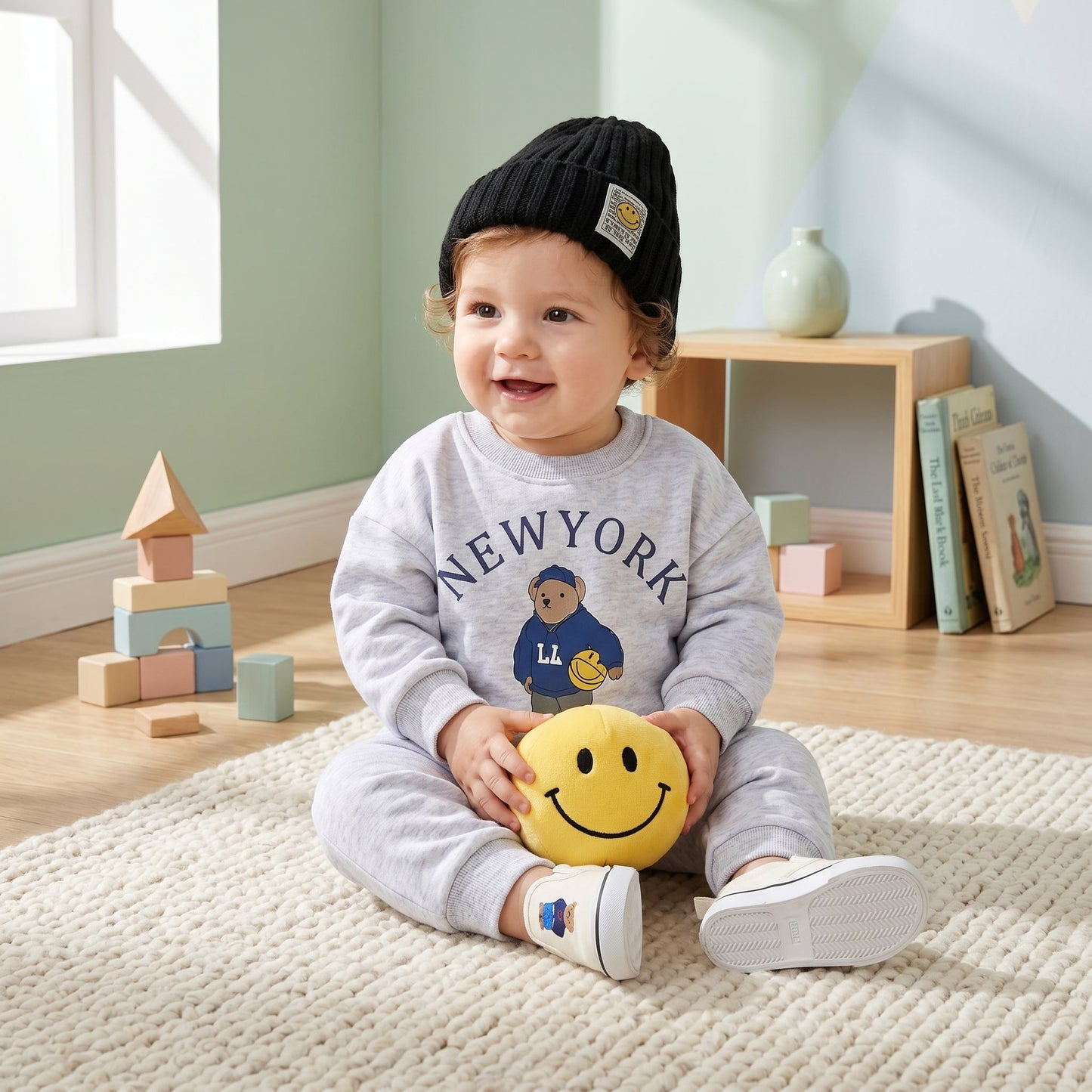 Baby Bear Print Cotton Hoodie and Pants Set