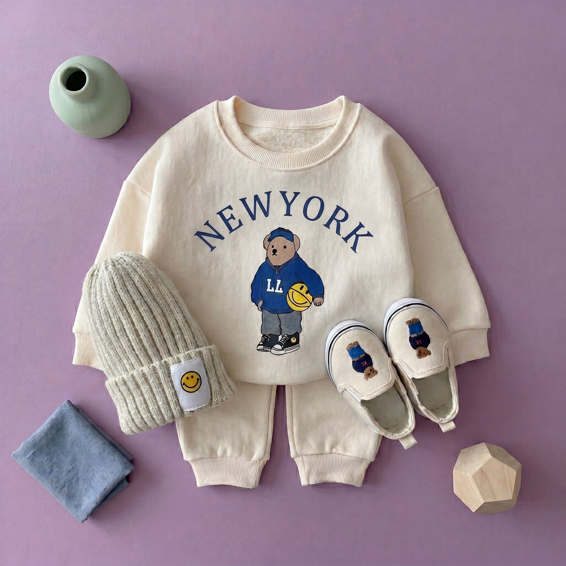 Baby Bear Print Cotton Hoodie and Pants Set