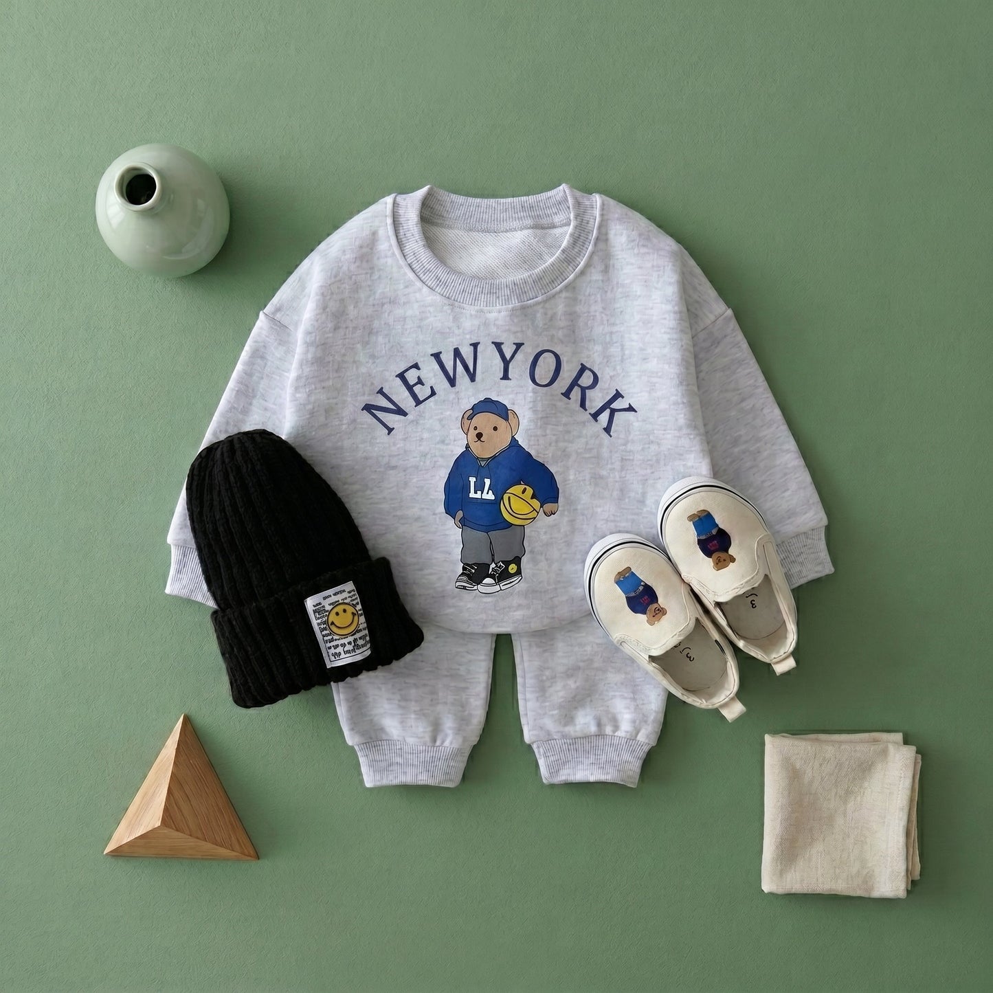 Baby Bear Print Cotton Hoodie and Pants Set