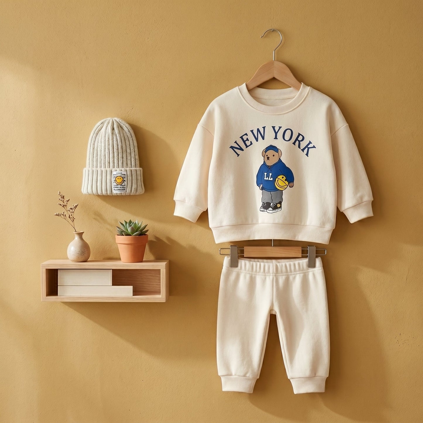 Baby Bear Print Cotton Hoodie and Pants Set