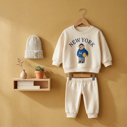 Baby Bear Print Cotton Hoodie and Pants Set