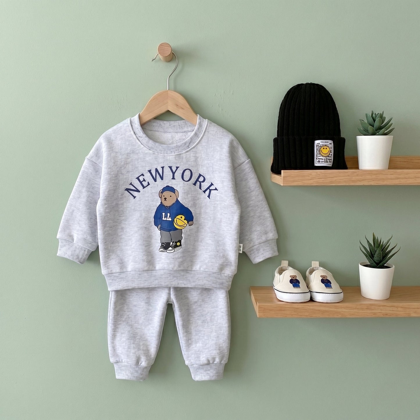 Baby Bear Print Cotton Hoodie and Pants Set