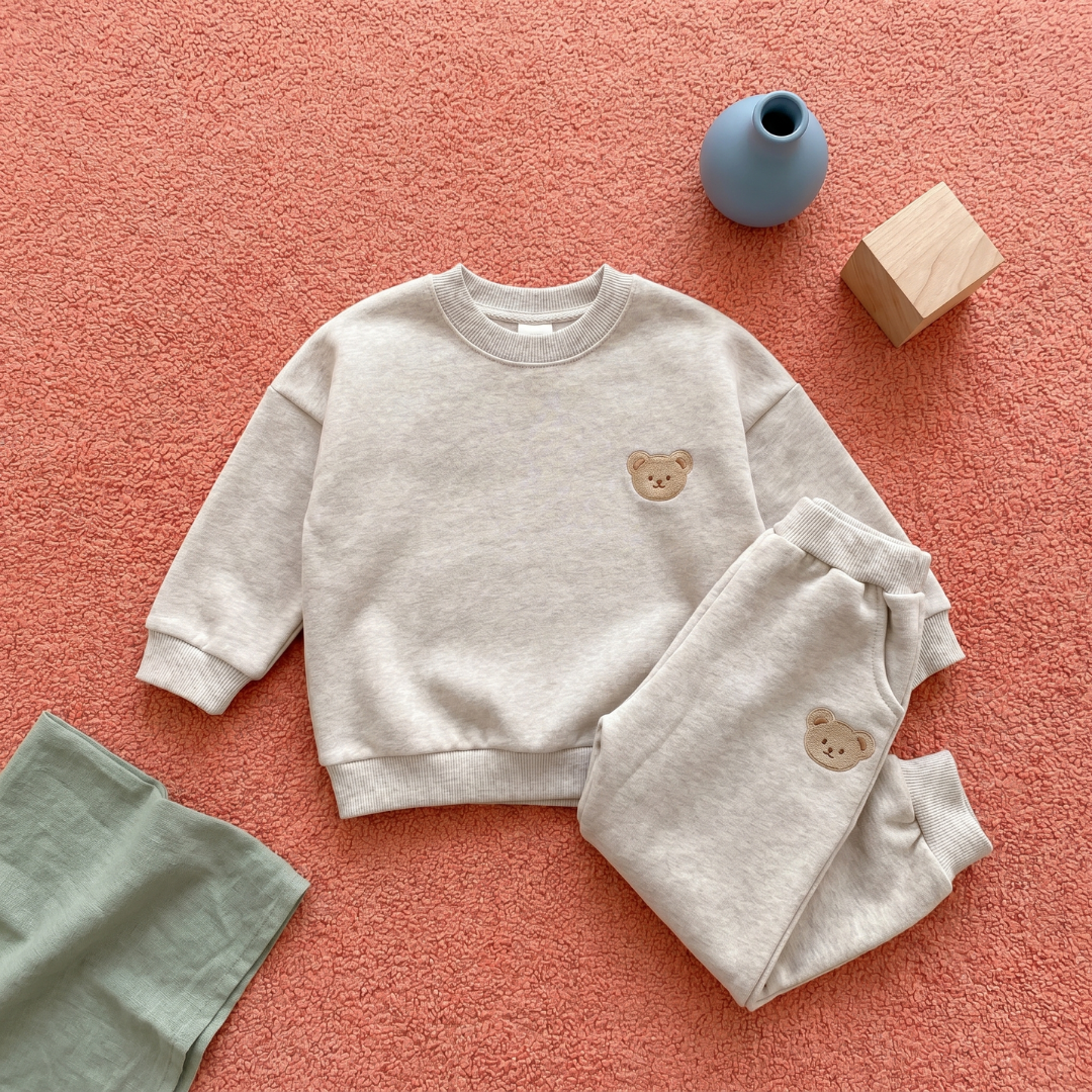 Bear Print Cotton Pants and Sweatshirt Set
