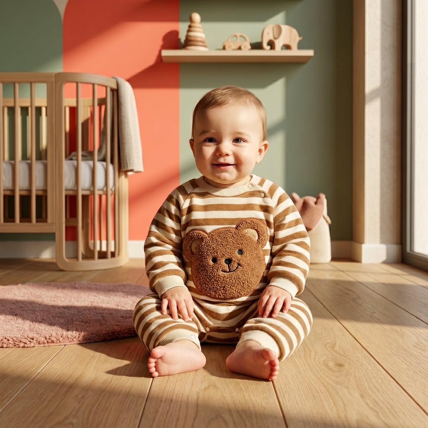 Bear Stripe Fleece Baby Romper