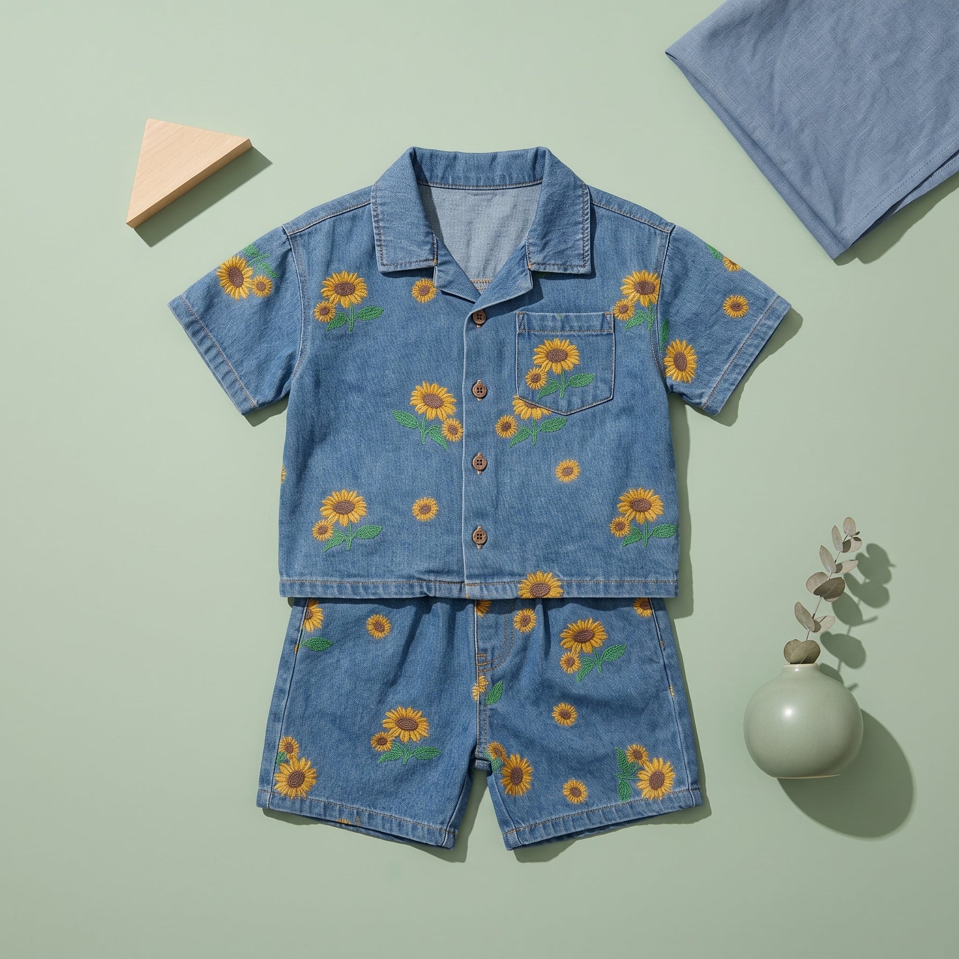 Sunflower Print Cotton Denim Baby Set