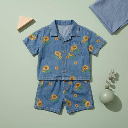 Sunflower Print Cotton Denim Baby Set