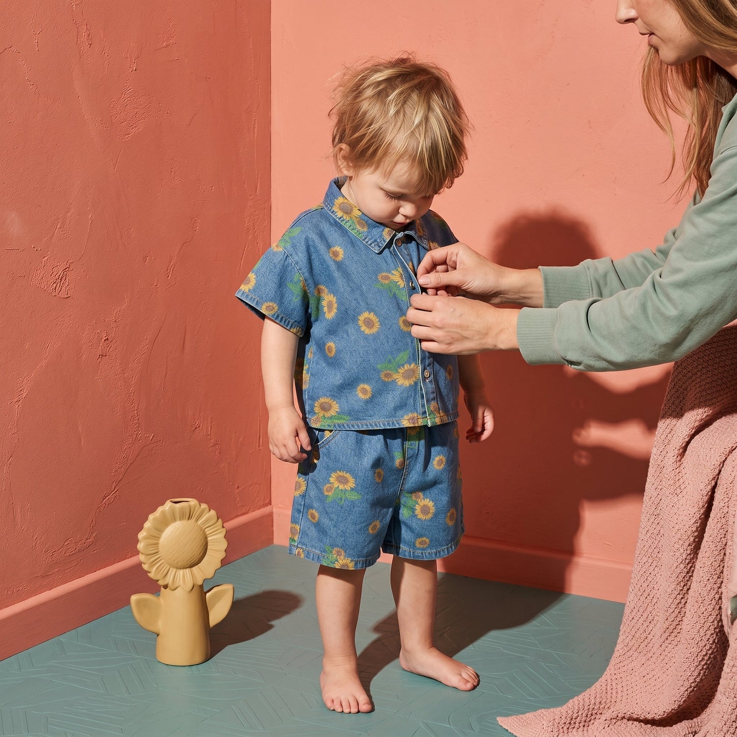 Sunflower Print Cotton Denim Baby Set